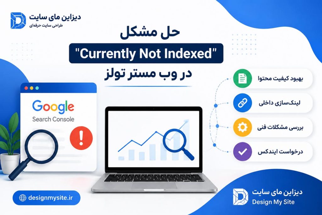 اینفوگرافیک حل مشکل Currently Not Indexed در گوگل سرچ کنسول با روشهای رفع ایندکس نشدن صفحات سایت توسط دیزاین مای سایت