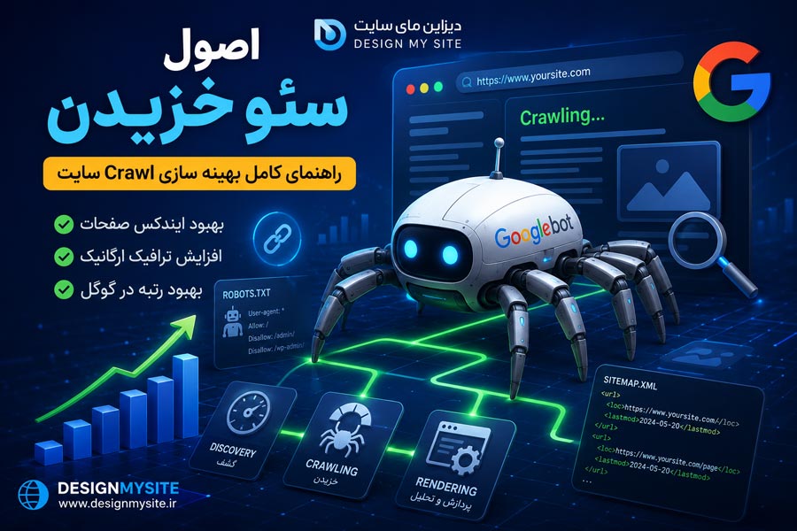 تصویر مفهومی سئو خزیدن (SEO Crawling) با ربات گوگل، Crawl Budget، فایل robots.txt و نقشه سایت XML برای بهینه‌سازی ایندکس صفحات